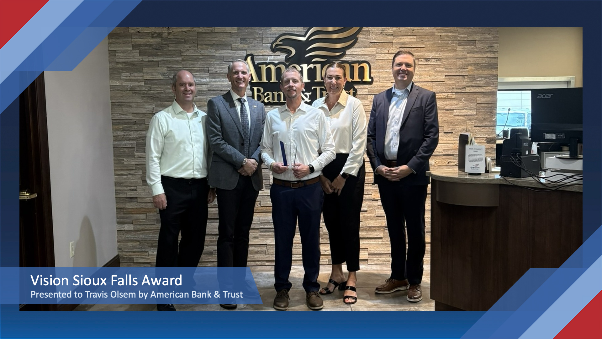 Vision Sioux Falls Award Presented to Travis Olsem by American Bank & Trust